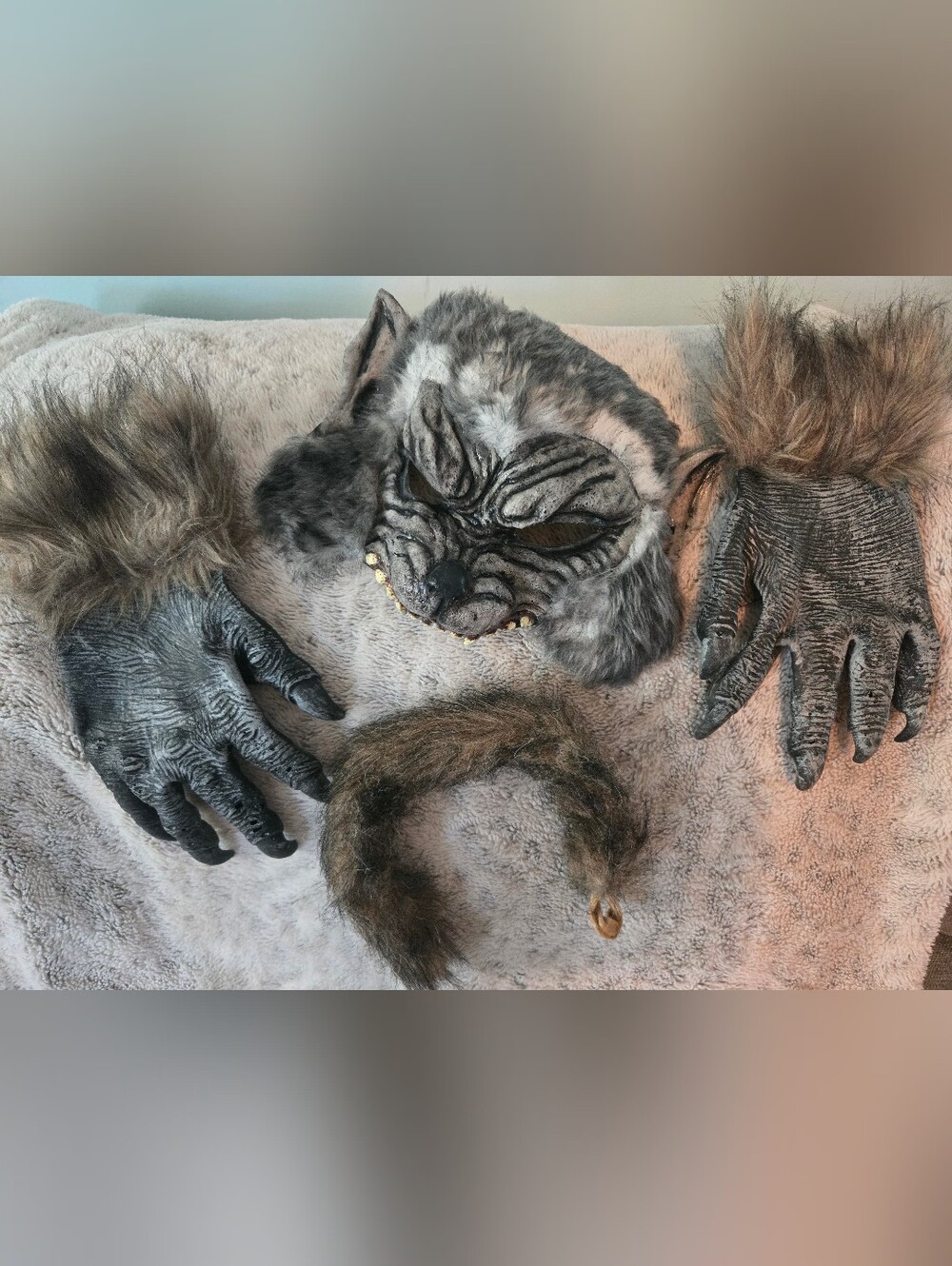 Gray Faux Fur Werewolf Costume Set - Mask, Gloves & Tail